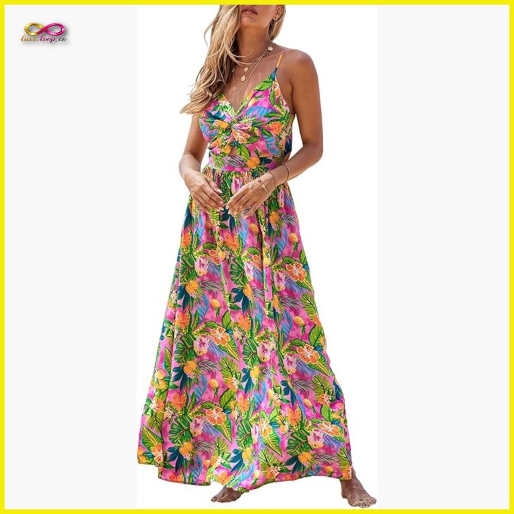 Maxi Dress Floral Print Twisted V Neck Sleeveless Long Summer Casual